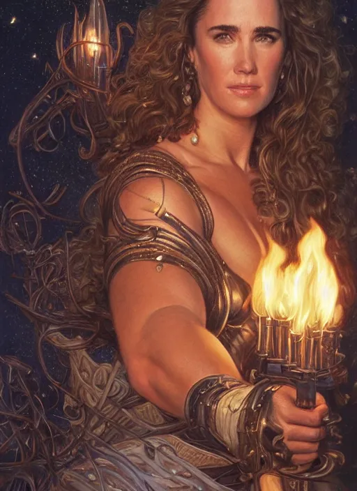 Prompt: portrait of a very muscled Jennifer Connelly as a heroine staring into the camera, torches and fireflies, artstation, intricate, elegant, highly detailed, art by Donato Giancola, Joseph Christian Leyendecker, WLOP, Boris Vallejo, Artgerm