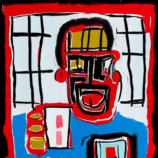 Prompt: Morning time. Sunlight is leaking through the window lighting the face of a man drinking coffee from a red cup. A new day has dawned bringing with it new hopes and aspirations. Painted in the style of Basquiat, 1980