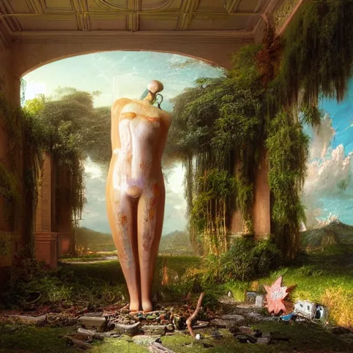 Image similar to dj rave party, hyperrealistic surrealism, dreamscape, thomas cole, award winning masterpiece with incredible details, zhang kechun, a surreal vaporwave vaporwave vaporwave vaporwave vaporwave painting by thomas cole of a gigantic broken mannequin head sculpture in ruins, astronaut lost in liminal space, highly detailed, trending on artstation