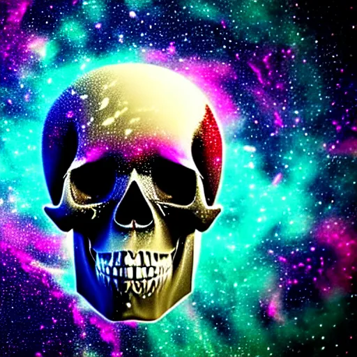 Prompt: symmetrical skull, with a texture of paint pour modern abstract very detailed 8 k 4 k canvas, fractal, cosmic alien worlds, nebula, galactic, planets, space, extreme details