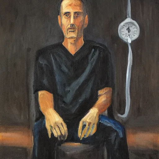 Prompt: a tired doctor in scrubs, sitting on chair, smoking weed, looking lonely and sad, oil painting, dark theme