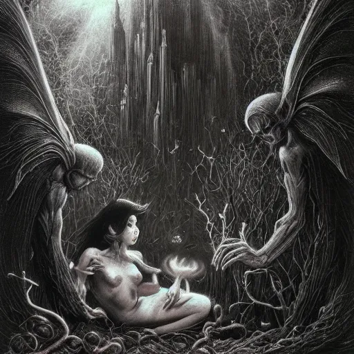 Image similar to fairies, different sizes, big, small, dark, particles, by Ross Tran, Basil Gogos, Laurie Lipton, Zdzisław Beksiński, Junji Ito, Laurie Lipton, and Michael Whelan, distant, gustav dore, H.R. Giger, 8k, hd, 4k, hyper, realistic, render