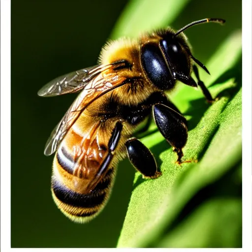 Prompt: macro photo of bee drinking water, kodak portra 4 0 0 color negative film