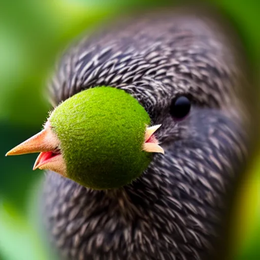 Prompt: a Kiwi bird wearing sunglasses eating a kiwi fruit