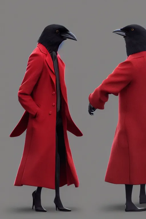 Image similar to 2 Crows wearing a red formal overcoat, hyperrealistic, concept art, octane render, unreal engine 5, trending on DeviantArt, highly detailed, high quality, 8K, soft lighting, cute, natural lighting, realistic face, trending on Artstation, elegant clothes, profile picture, path traced, house background