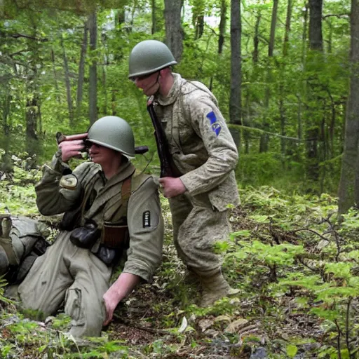 Prompt: ww 2 battlefield encounter in the woods between 2 american soldiers and a german soldier