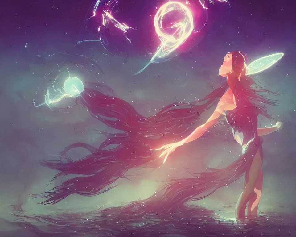 Image similar to beautiful fantastical girl standing in a lake basking in the moonlight, casting a spell, under a multi-colored binary blackhole with an accretion disc, glowing trails following her arms, wearing professional makeup, synthwave, by Lois van Baarle, by Greg Rutkowski, by artgerm, by beeple, by studio ghibli, cinematic angle, volumetric lighting, 4k resolution, octane render, trending on artstation, masterpiece