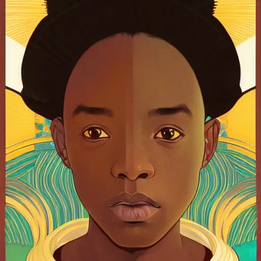 Image similar to colourful upper half portrait of an african boy - in japanese retro poster design illustration style, art by hsiao - ron cheng & alphonse mucha, highly detailed, digital painting, illustration, smooth, sharp focus, intricate, symmetry, pinterest, behance,