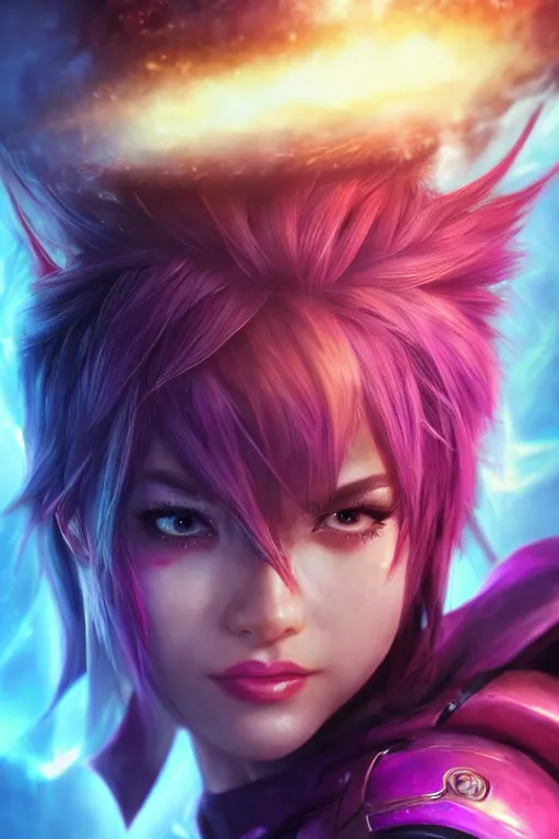 Image similar to ultra realistic facial portrait of vi from league of legends, digital art, character portrait, highly detailed, trending on artstation, lens flare, atmosphere, hyper realistic, cinematic lightning, sharp focus, unreal engine 5, extreme details perfect face, pretty face, fine - face, illustration, 8 k, ultra texture, masterpiece