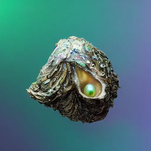 Image similar to a beautiful fantasy rendering of a dirty old corroded oyster with algae and barnacles growing on it, a glowing pure perfect iridescent pearl on the inside