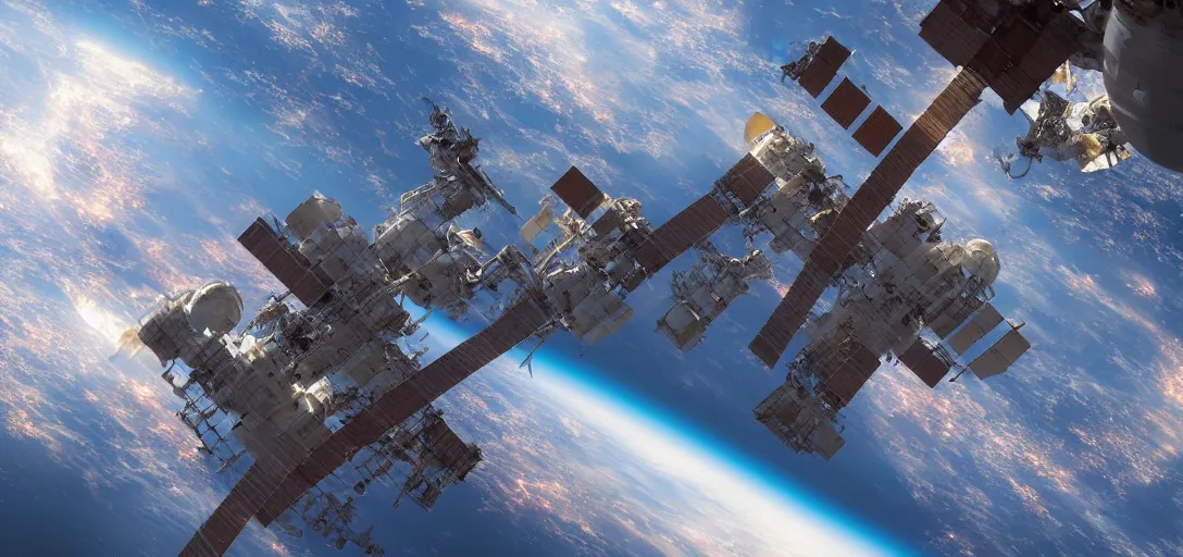 Prompt: wide angle shot of the space station floating around earth, hd, volumetric lighting, 4 k, intricate detail, by jesper ejsing, craig mullins