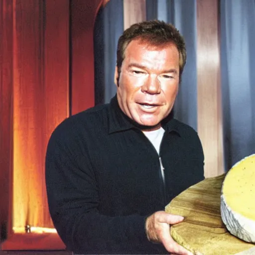 Image similar to william shatner eating a large wheel of cheese,