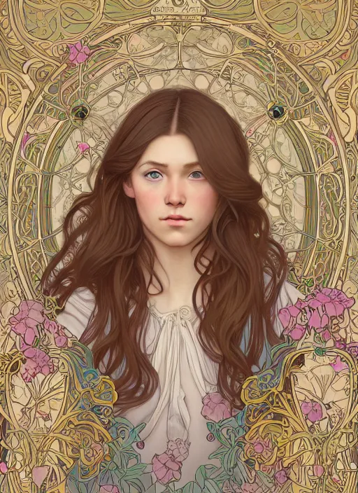 Image similar to pretty young man with shoulder length blond hair, half body shot, emotional, decorative flower patterned background, path traced, highly detailed, high quality, digital painting, by studio ghibli and alphonse mucha, leesha hannigan, hidari, disney, jules bastien - lepage, art nouveau, martine johanna, android jones