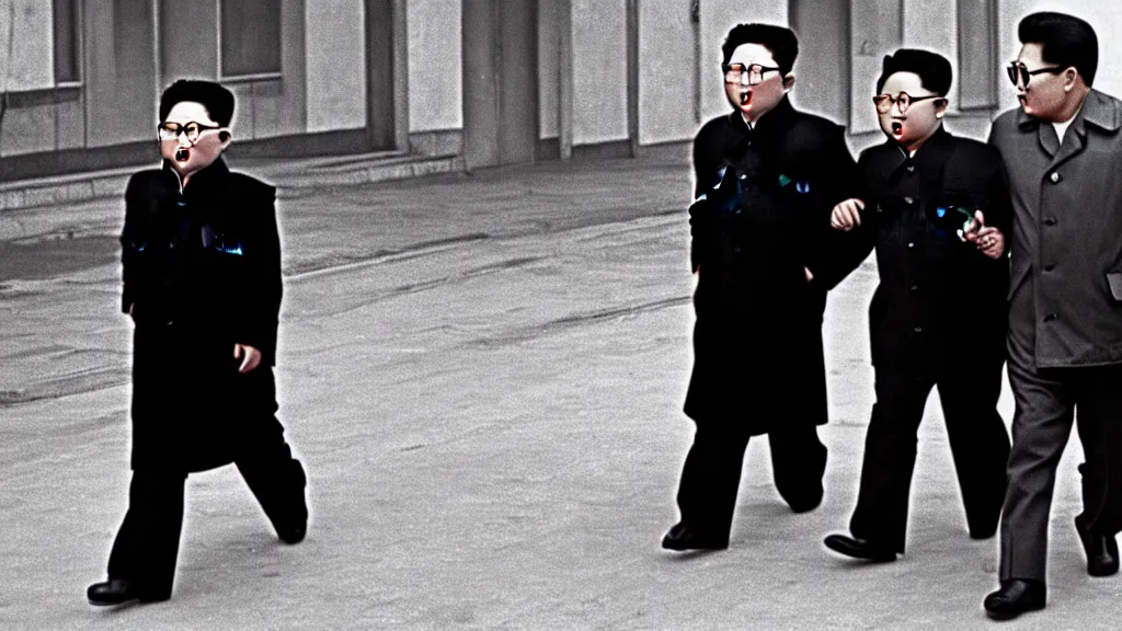 Image similar to kim jong - il walking in 1 9 6 0 s pyongyang, film noir thriller in the style of orson welles and andrei tarkovski