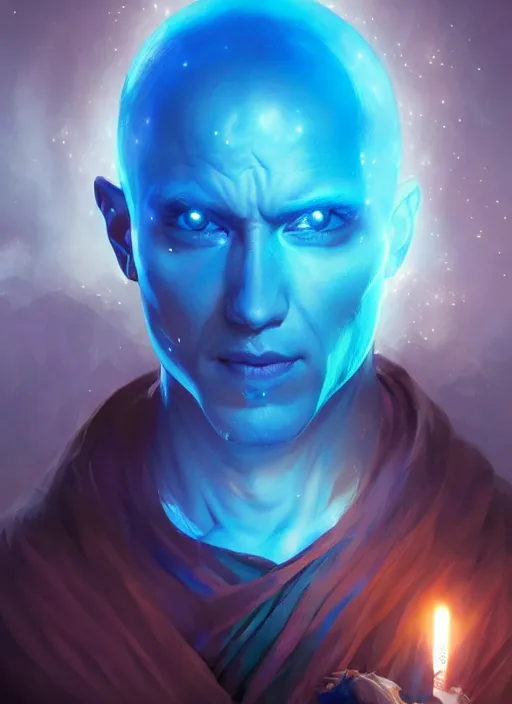 Image similar to a portrait fantastical glowing bald young monk made of blue aura and energy illustrated by artgerm and greg rutkowski