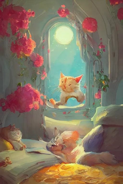 Image similar to a digital art of a cat sleeping in the room with flowers around in the afternoon, the sun shines in, storybook art, watercolor, detailed, cute, by anton fadeev, featured on artstation