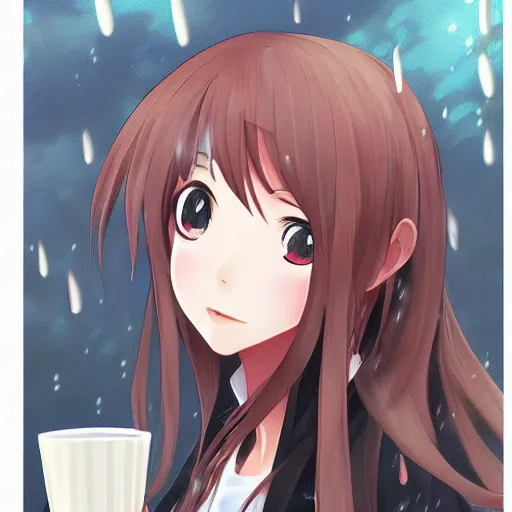 Image similar to portrait of a girl drinking cappucino during rain, anime fantasy illustration by tomoyuki yamasaki, kyoto studio, madhouse, ufotable, trending on artstation