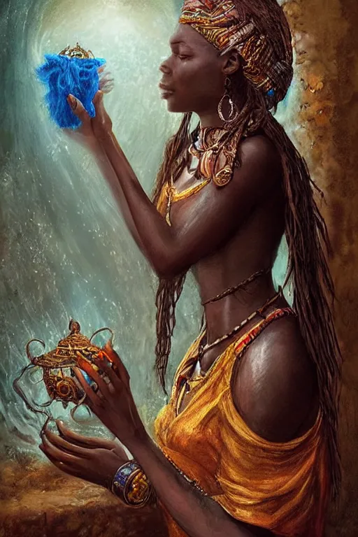 Prompt: african princess giving an offering to a heavenly being, mystical artifact, digital art, fantasy, magic, professional illustration by seb mckinnon, wlop, and artgerm, illustration