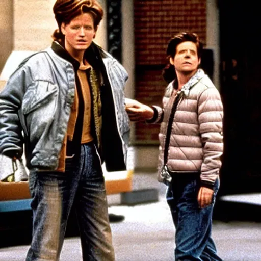 Image similar to back to the future starring eric stoltz as marty mcfly, iconic film still perfect composition,