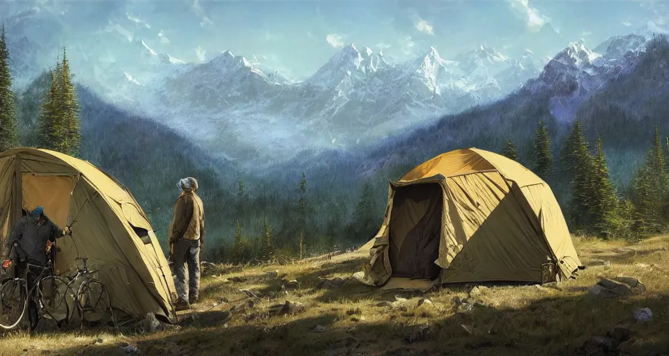 Image similar to cabela's beautiful comfortable carbon framed, military grade, modular insulated wall portable container home kit - house all weather family dwelling tent house, person in foreground, mountainous forested wilderness open fields, beautiful views, painterly concept art, environmental concept art, concept art illustration, by james gurney, by craig mullins, by greg rutkowski trending on artstation