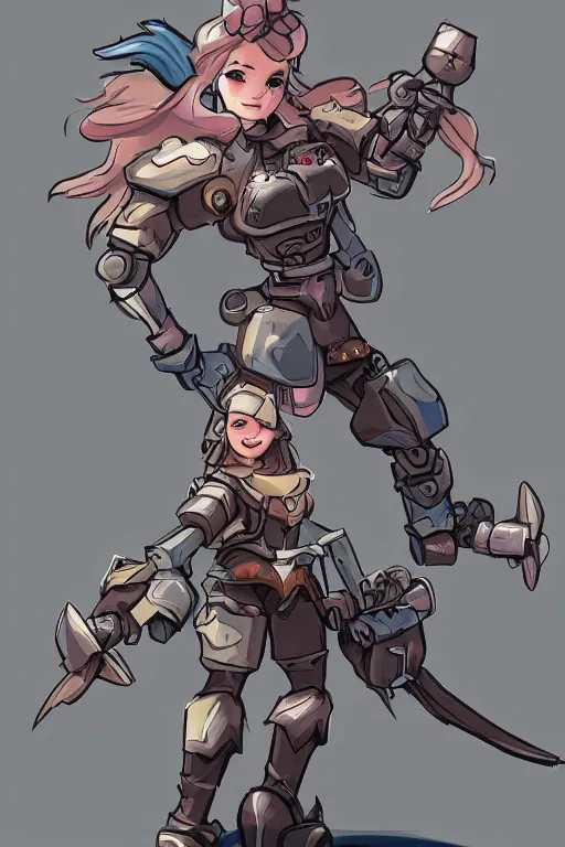 Image similar to Character concept art of a pretty girl riding on the back of a giant battlerobot