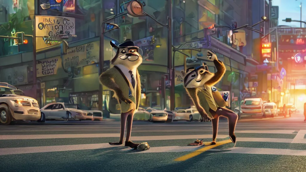 Prompt: An anthropomorphic raccoon businessman is walking down a busy crosswalk at sunset, warm lighting with an orange glow blanketing the cityscape, zootopia, other anthropomorphic characters are walking by him, extremely detailed, HDR, sideview, dramatic, lots of cars and animal people in the background, detailed face and eyes, visible pupils