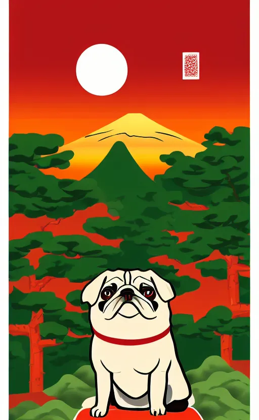 Image similar to hanafuda pug, a big red charm is floating above a forest of japanese pines, a big red sun in the background, original style, front game card, vector line art, trending on behance, concept art, stunning, matte