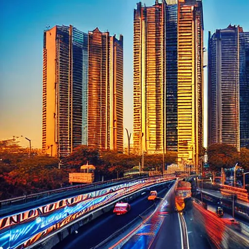 Image similar to mumbai in the year 2 0 7 0, architecture, urban, cinematic, super realisitc, city streets, golden hour