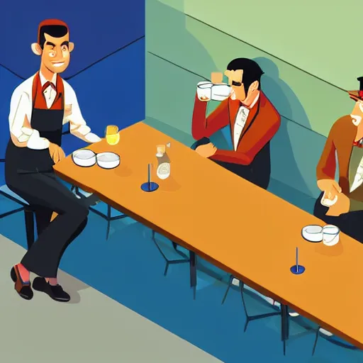 Image similar to close up of waiter at the table : cafe serves cannabis to its customers in australia, isometric illustration fun style hyperrealistic render in pixar, by darwyn cooke