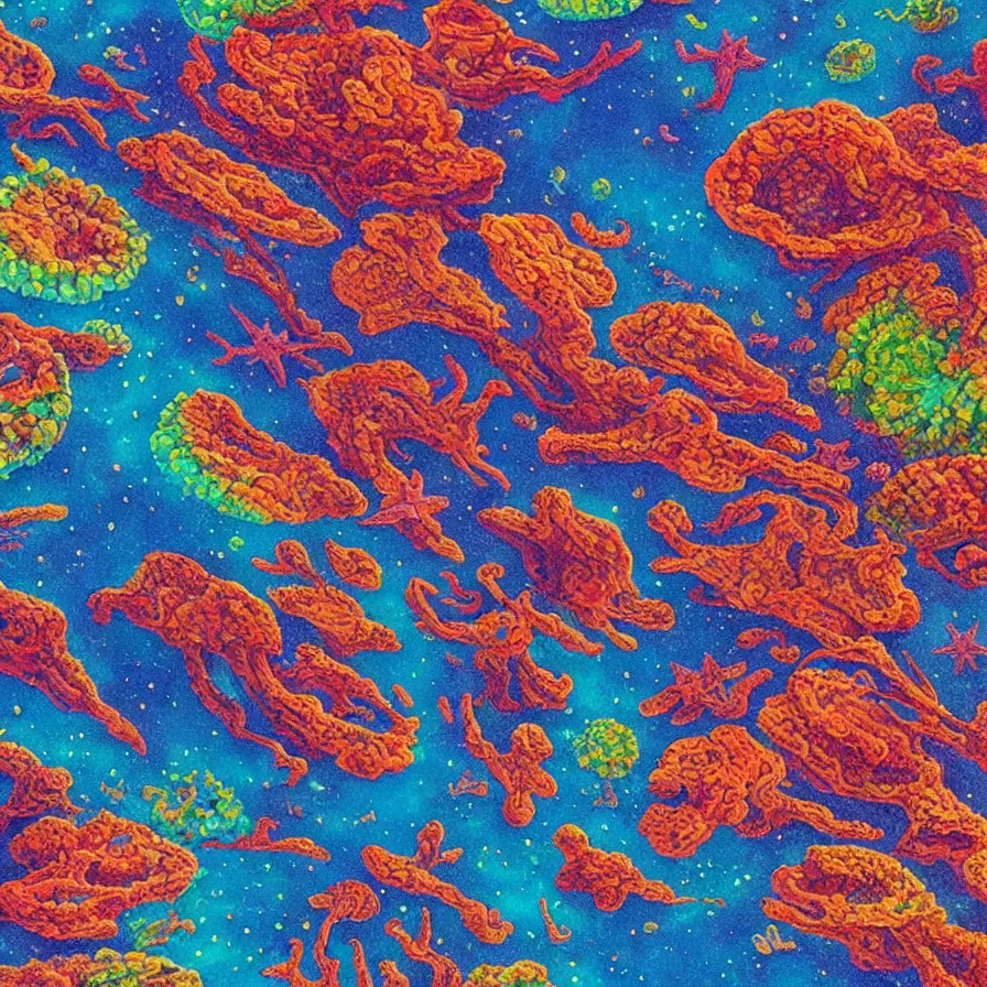 Prompt: album art of an alien landscape made out of different coloured corals and starfish, omni magazine, detailed