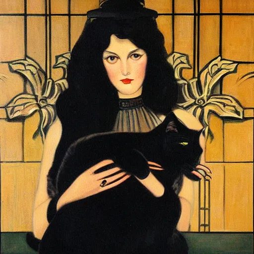 Prompt: a painting of a woman holding a black cat, an art deco painting by georges emile lebacq, featured on deviantart, gothic art, pre - raphaelite, gothic, goth, wiccan, tarot card