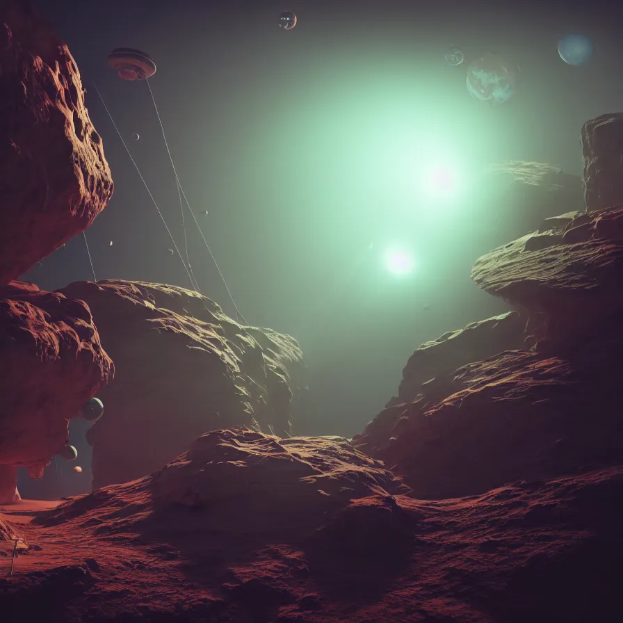 Image similar to mining device hooked to a planet's surface, volumetric light, dynamic lights and shadows, concept art, octane, redshift, detailed