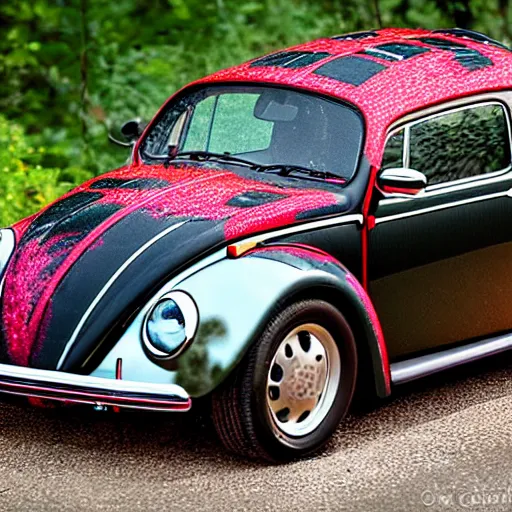 Image similar to promotional scifi - blockbuster movie scene of an insect - ladybug'glossy volkswagen beetle'hybrid. the hybrid is 2 / 3 ladybug. it is flying down a dusty backroad along a gentle creek in smokey mountains tennessee. cinematic, muted dramtic color, 4 k, imax, 7 0 mm, hdr