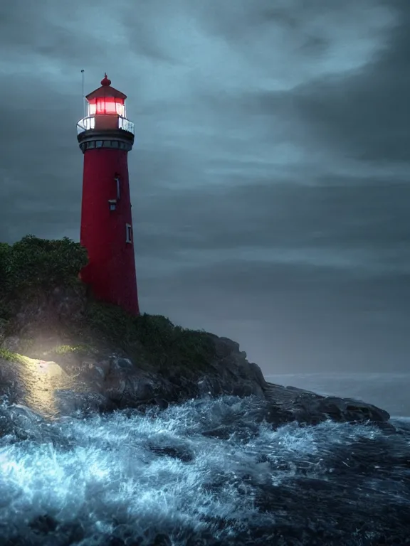 Image similar to photo of 8k ultra realistic lighthouse on island, heavy rain, night, light shining, heavy seas, full of colour, cinematic lighting, battered, trending on artstation, 4k, hyperrealistic, focused, extreme details,unreal engine 5, cinematic, masterpiece, art by studio ghibli