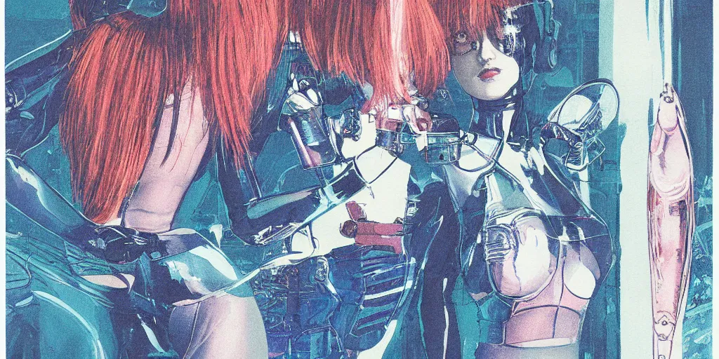 Image similar to a close - up grainy risograph painting of cyberpunk japanese model girl with black eyes and pretty face wearing latex catsuit and lots of transparent and cellophane accessories, blue hour, twilight, by moebius and lehr paul