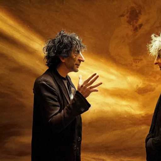 Prompt: a dramatic photograph of neil gaiman having a conversation with dream from the sandman in a fantasy world, dramatic lighting, filmic, cinematographic, sci - fi