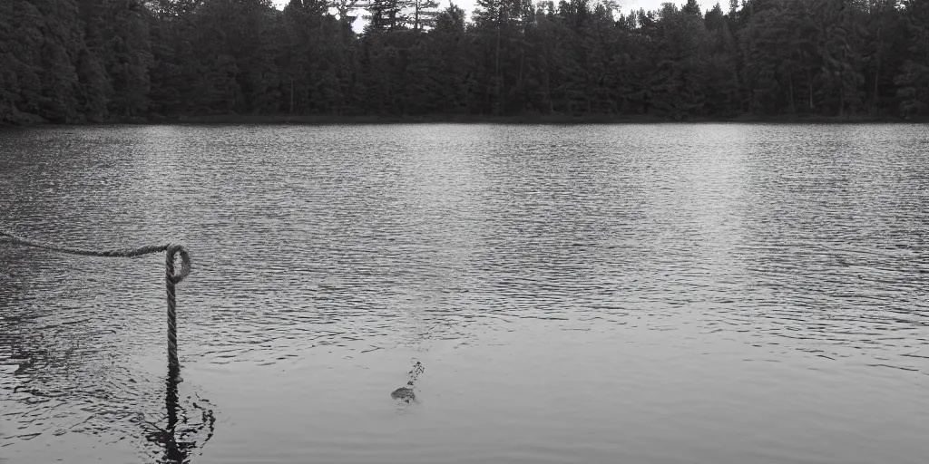 Image similar to symmetrical photograph of an infinitely long rope floating on the surface of the water, the rope is snaking from the foreground stretching out towards the center of the lake, a vortex in the middle of a dark lake on a cloudy day, trees in the background, anamorphic lens