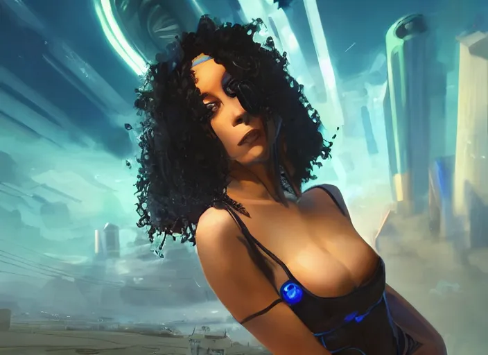 Prompt: garota negra com cabelo crespo, atmosfera cyberpunk, rio de janeiro pao de acucar no fundo, iluminacao roxa e azul, futurista, sci - fi city, digital art, trending on artstation