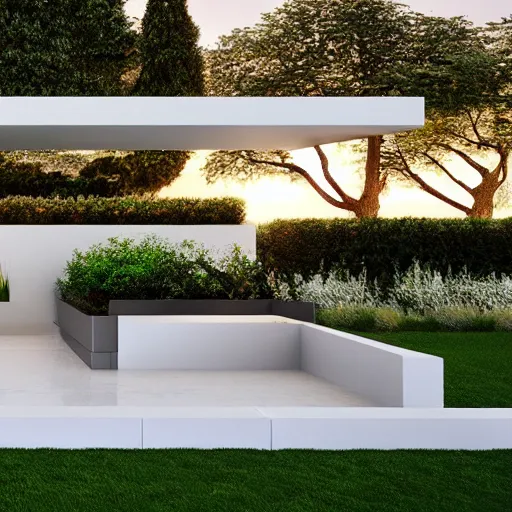 Image similar to a beautiful garden, modern minimal design, white color scheme, vivid lighting, sunset, photorealist, 4 k