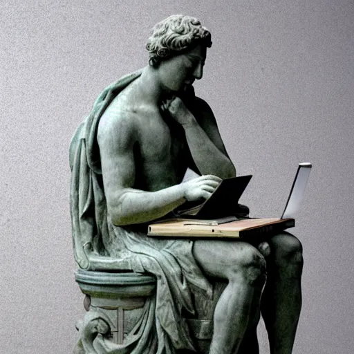 Prompt: photo of a richly detailed sitting marble statue of a facepalming his slow laptop on his lap by leonardo davinci