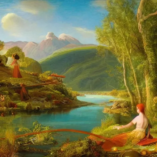 Image similar to A beautiful land art of a landscape. It is a stylized and colorful view of an idyllic, dreamlike world with rolling hills, peaceful looking animals, and a flowing river. The scene looks like it could be from another planet, or perhaps a fairy tale. close-up by Augustus Edwin Mulready unified, doom