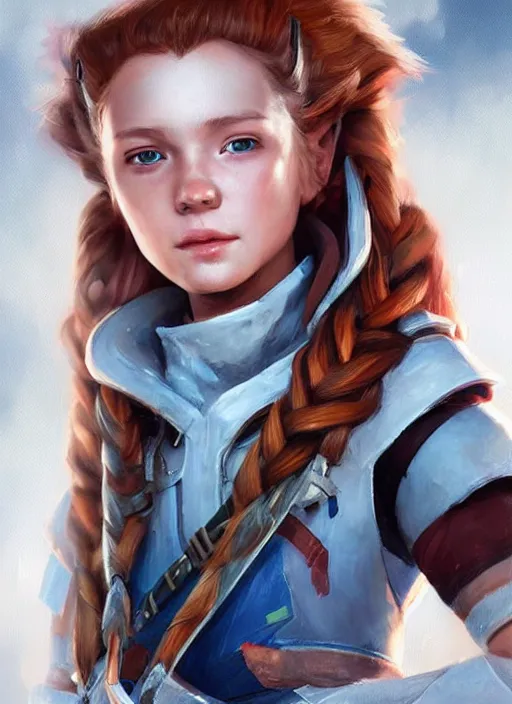 Image similar to a portrait digital painting of a young girl that looks a bit like aloy from horizon : new dawn. she's wearing a mechanics uniform and has been working on some large machinery. painted by artgerm, ross tran.