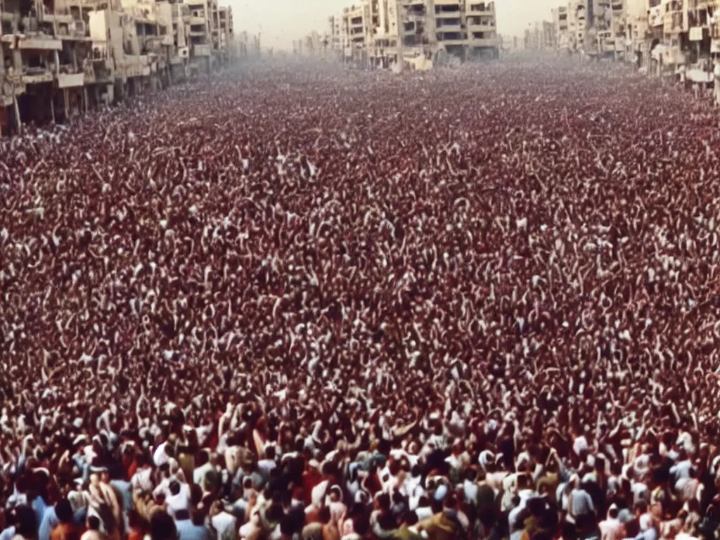 Prompt: vintage 90s VHS video still of crowd mourning Imam Hussein in the Middle East, realistic, TV, noise