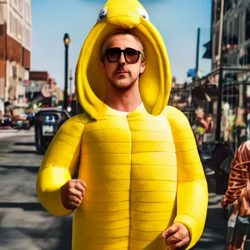 Image similar to ryan gosling inside a banana costume, highly detailed, extremely high quality, hd, 4 k, 8 k, professional photographer, 4 0 mp, lifelike, top - rated, award winning, realistic, detailed lighting, detailed shadows, sharp, no blur, edited, corrected, trending