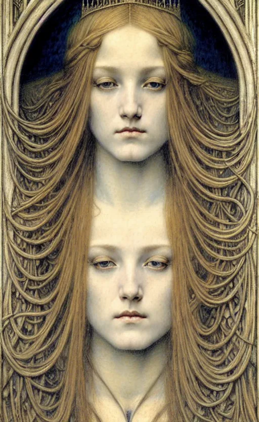 Image similar to detailed realistic beautiful young medieval queen face portrait by jean delville, gustave dore and marco mazzoni, art nouveau, symbolist, visionary, gothic, pre - raphaelite. horizontal symmetry