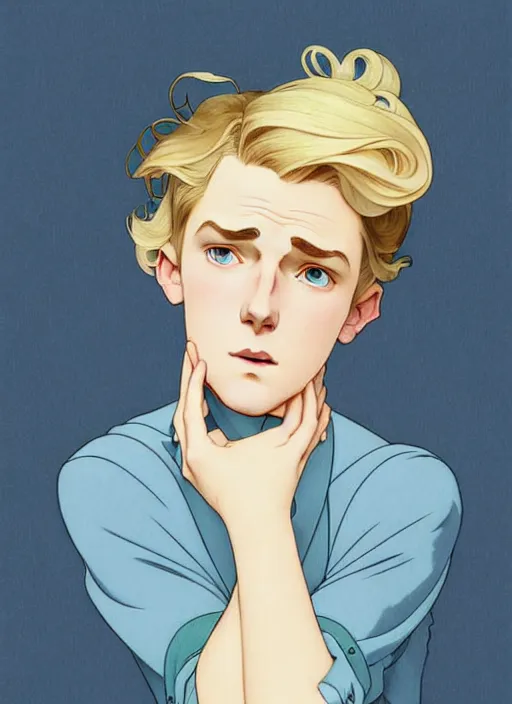 Image similar to art nouveau portrait of a pretty young man with short blond hair, light blue eyes, sad expression, scared, head down, shy and demure, natural lighting, path traced, highly detailed, high quality, cartoon, digital painting, by don bluth and ross tran and studio ghibli and alphonse mucha