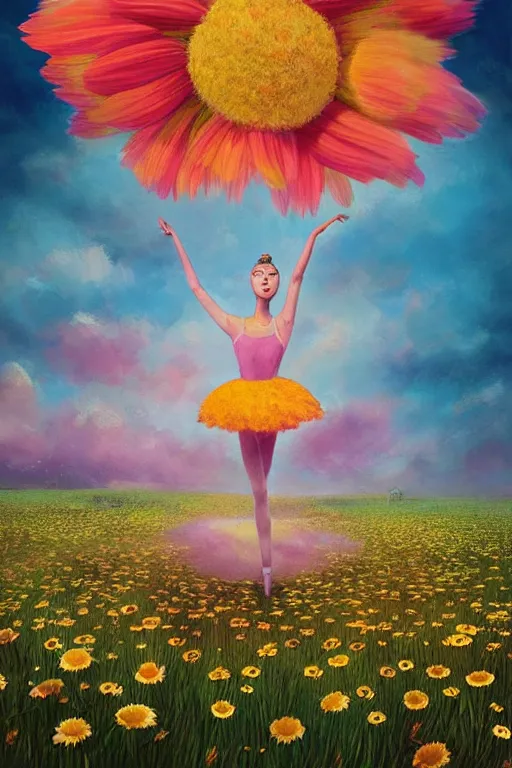 Image similar to giant daisy flower as head, girl ballet dancing in a flower field, surreal photography, sunrise, dramatic light, impressionist painting, colorful clouds, digital painting, artstation, simon stalenhag