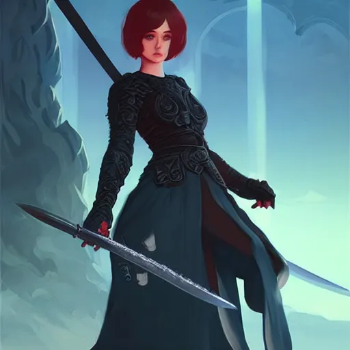 Image similar to a woman holding a sword with a dragon on it, concept art by Ilya Kuvshinov, contest winner, fantasy art, official art, concept art, high detail, experimental, high quality, 4k