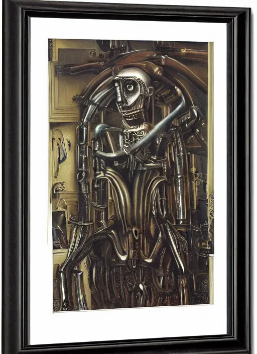 Image similar to a portrait of a mechanical president in the oval office, by h. r. giger, masterpiece, sharp focus, cinematic lightning