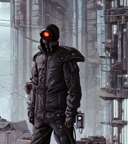 Image similar to a cyberpunk man with mole-like features explores a ruin, techwear, Industrial Scifi, detailed illustration, character portrait, by Martin Grip and Moebius